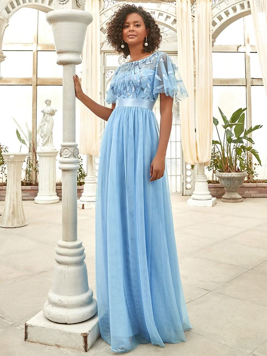 Größe Nach Maß Damen A-Line Kurzarm Stickerei Bodenlanges Abendkleid #Farbe_Blau