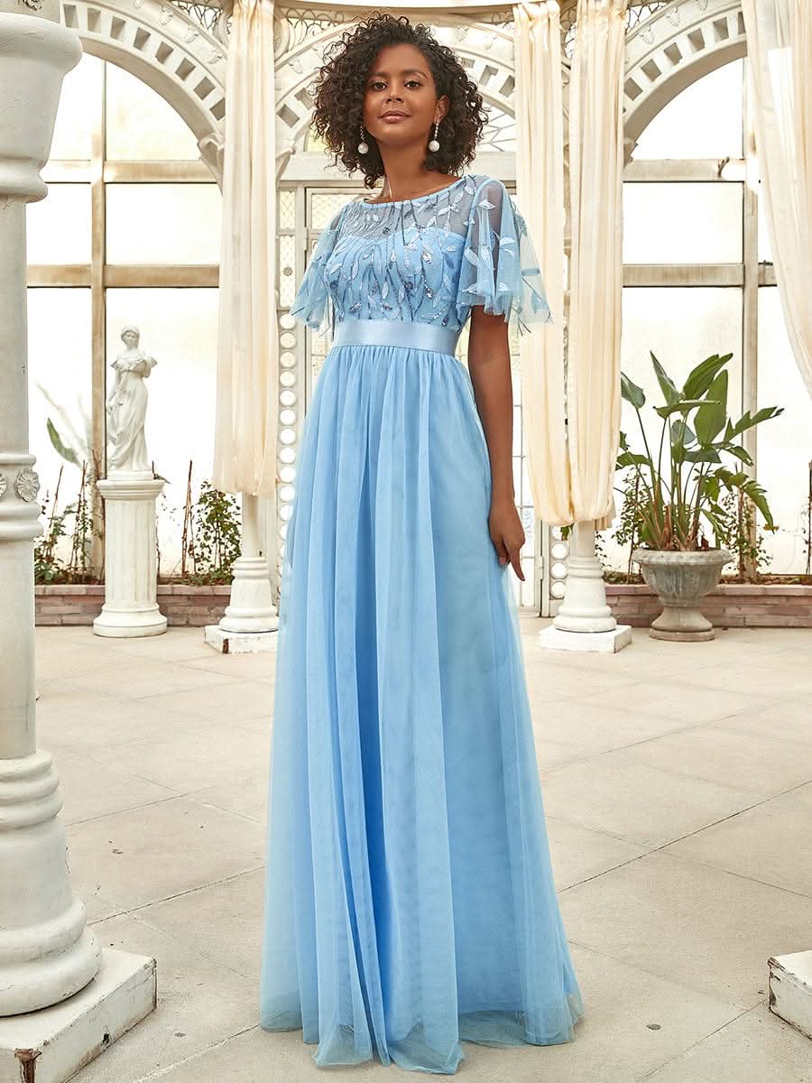 Damen A-Line Kurzarm Stickerei Bodenlanges Abendkleid #Farbe_Blau