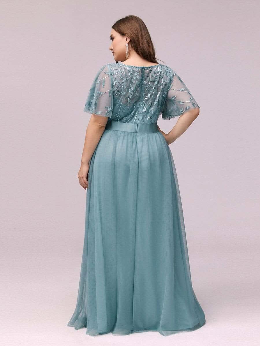 Größe Nach Maß Damen A-Line Kurzarm Stickerei Bodenlanges Abendkleid #Farbe_Dusty Blau