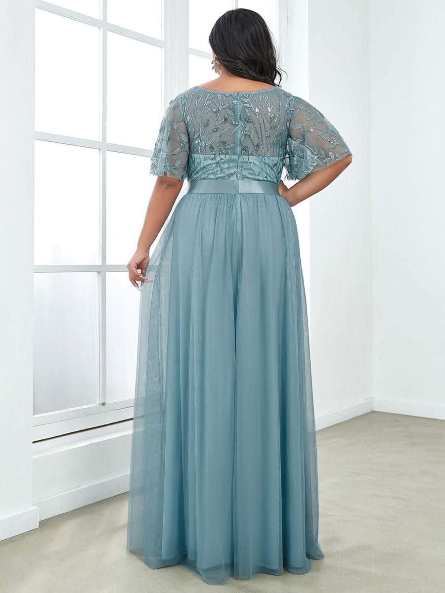 Plus Size Damen A-Line Stickerei Kurzarm Bodenlanges Brautjungfernkleid #Farbe_Dusty Blau
