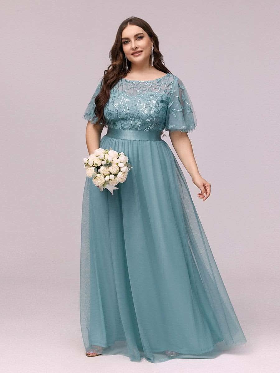 Plus Size Damen A-Line Stickerei Kurzarm Bodenlanges Brautjungfernkleid #Farbe_Dusty Blau