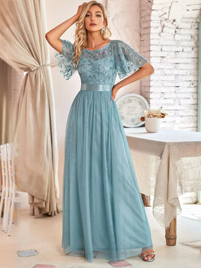 Größe Nach Maß Damen A-Line Kurzarm Stickerei Bodenlanges Abendkleid 00904