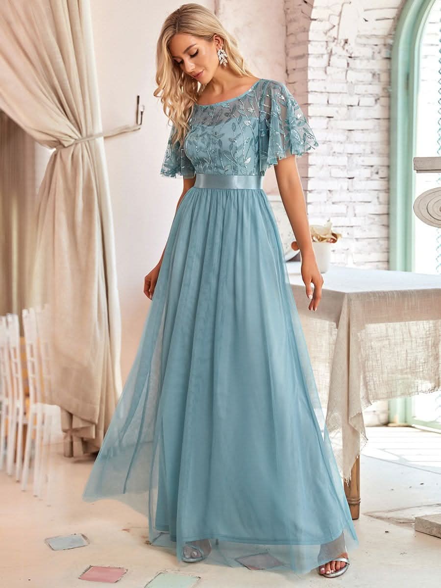 Größe Nach Maß Damen A-Line Kurzarm Stickerei Bodenlanges Abendkleid #Farbe_Dusty Blau