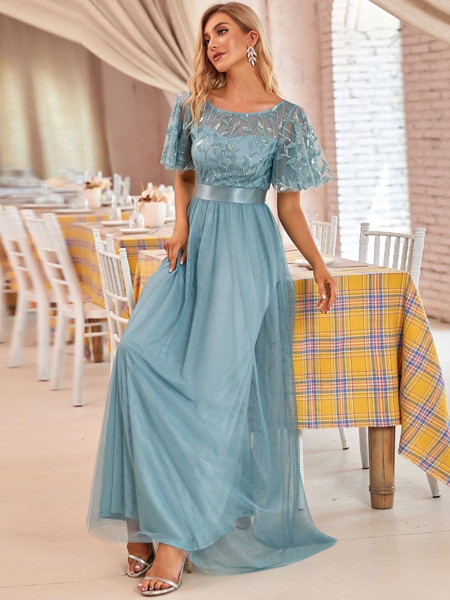 Größe Nach Maß Damen A-Line Kurzarm Stickerei Bodenlanges Abendkleid #Farbe_Dusty Blau
