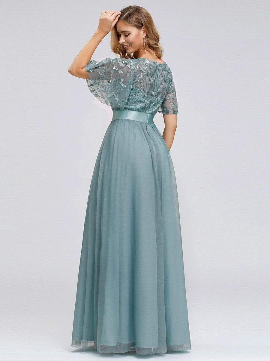 Größe Nach Maß Damen A-Line Kurzarm Stickerei Bodenlanges Abendkleid #Farbe_Dusty Blau