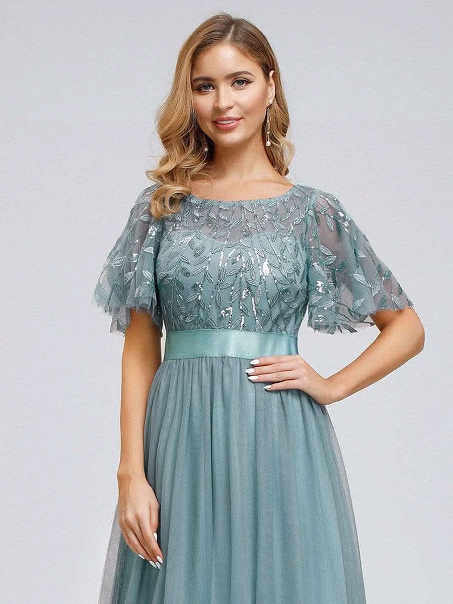 Größe Nach Maß Damen A-Line Kurzarm Stickerei Bodenlanges Abendkleid #Farbe_Dusty Blau