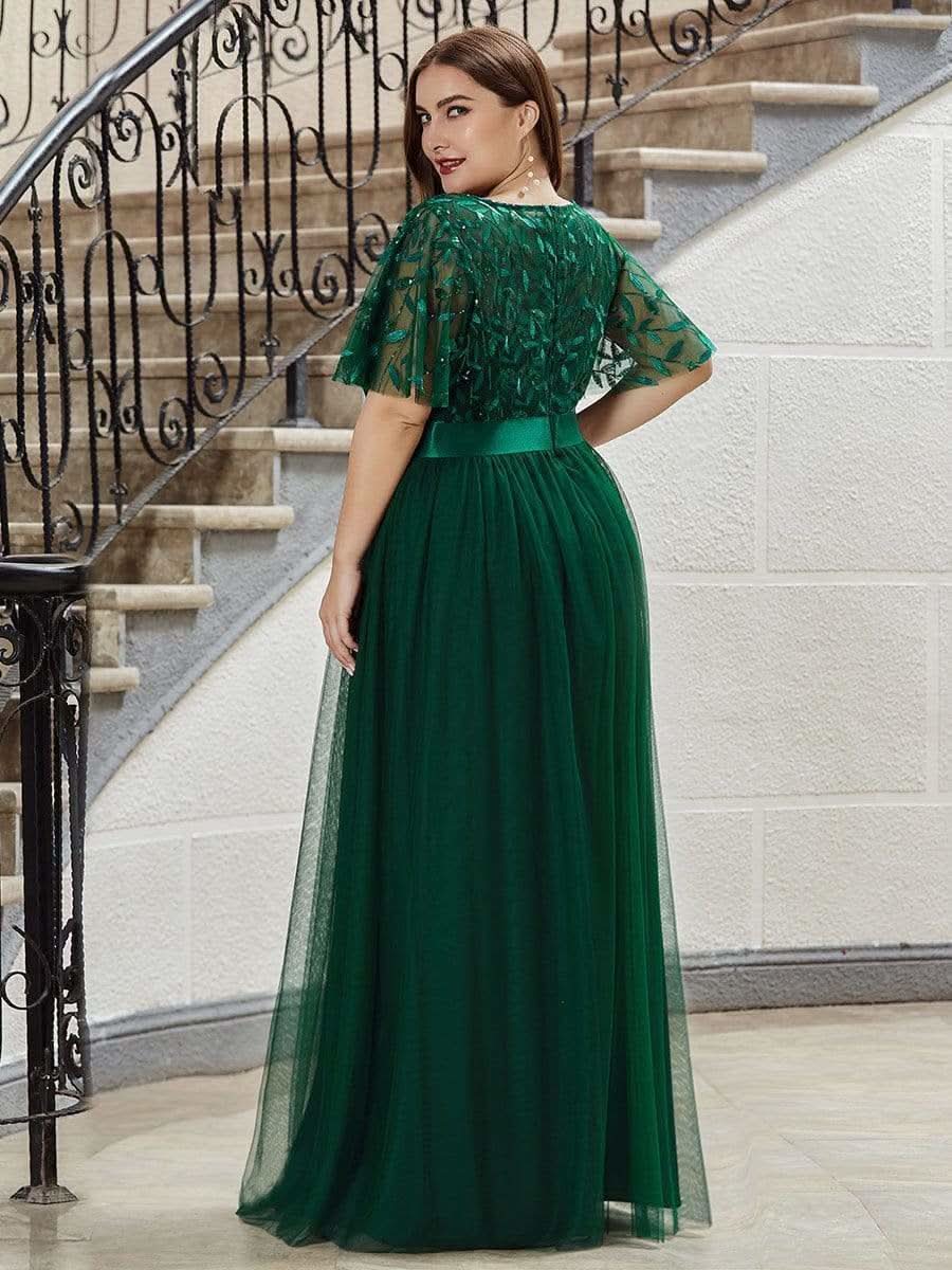 Damen A-Line Kurzarm Bodenlanges Abendkleid 00904 #farbe_Dunkel Gruen