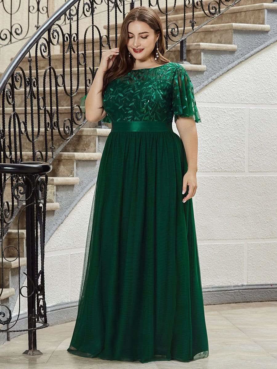 Plus Size Damen A-Line Stickerei Kurzarm Bodenlanges Brautjungfernkleid #Farbe_Dunkel Gruen