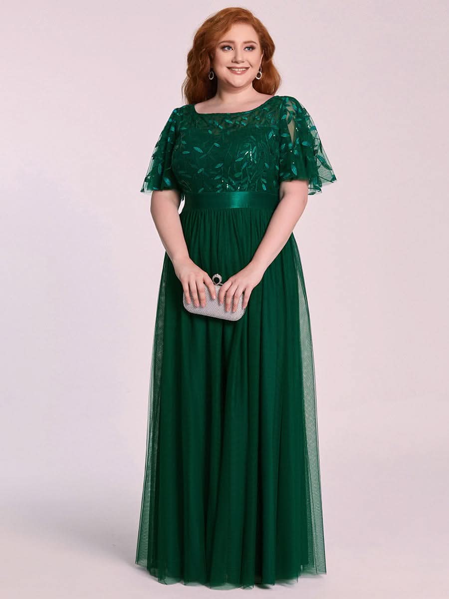 Größe Nach Maß Damen A-Line Kurzarm Stickerei Bodenlanges Abendkleid #Farbe_Dunkel Gruen