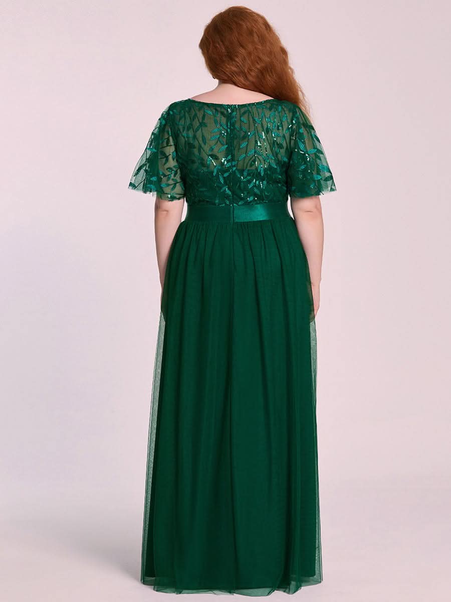 Größe Nach Maß Damen A-Line Kurzarm Stickerei Bodenlanges Abendkleid #Farbe_Dunkel Gruen