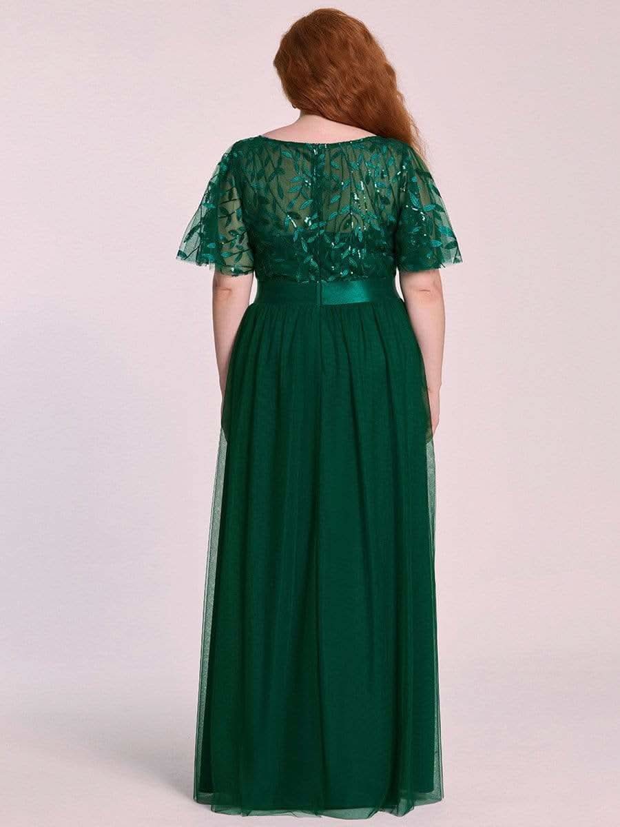 Plus Size Damen A-Line Stickerei Kurzarm Bodenlanges Brautjungfernkleid #Farbe_Dunkel Gruen