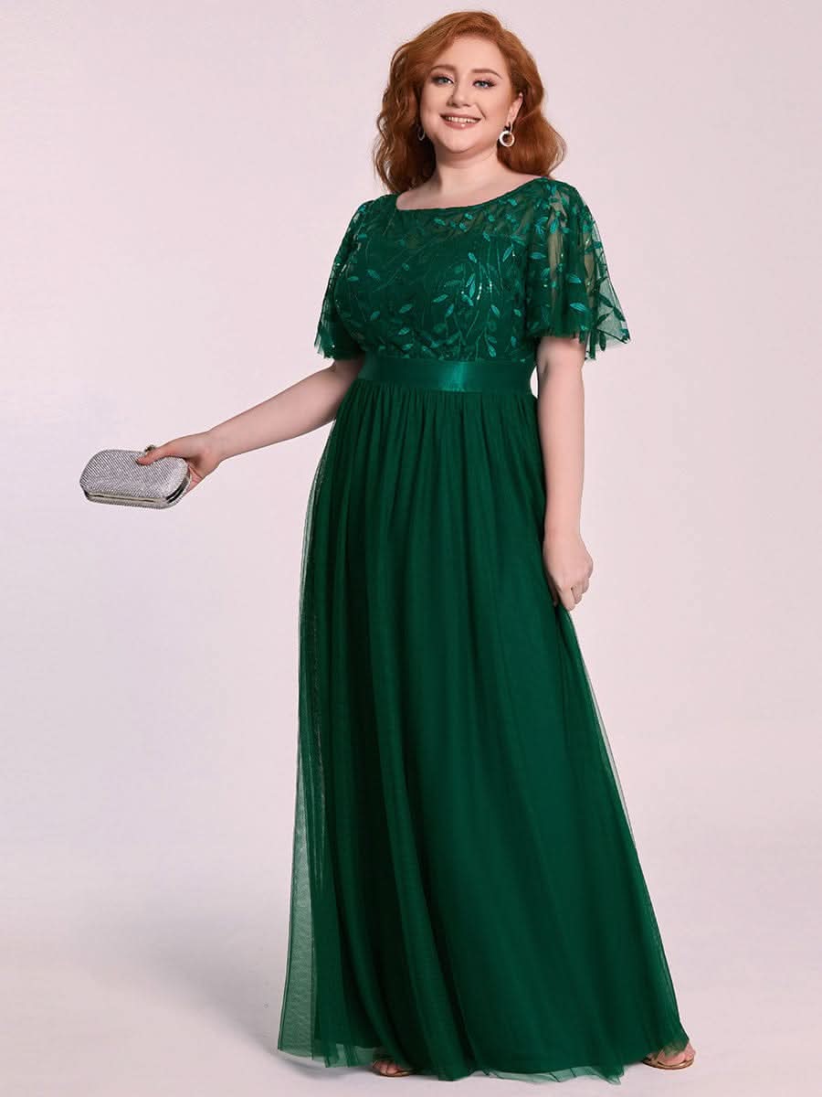 Größe Nach Maß Damen A-Line Kurzarm Stickerei Bodenlanges Abendkleid #Farbe_Dunkel Gruen
