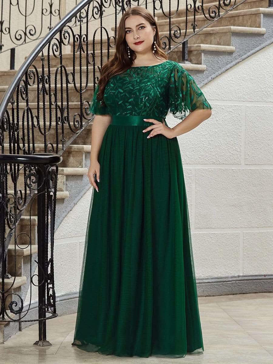 Plus Size Damen A-Line Stickerei Kurzarm Bodenlanges Brautjungfernkleid #Farbe_Dunkel Gruen