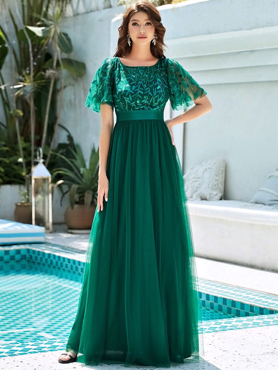 Größe Nach Maß Damen A-Line Kurzarm Stickerei Bodenlanges Abendkleid #Farbe_Dunkel Gruen