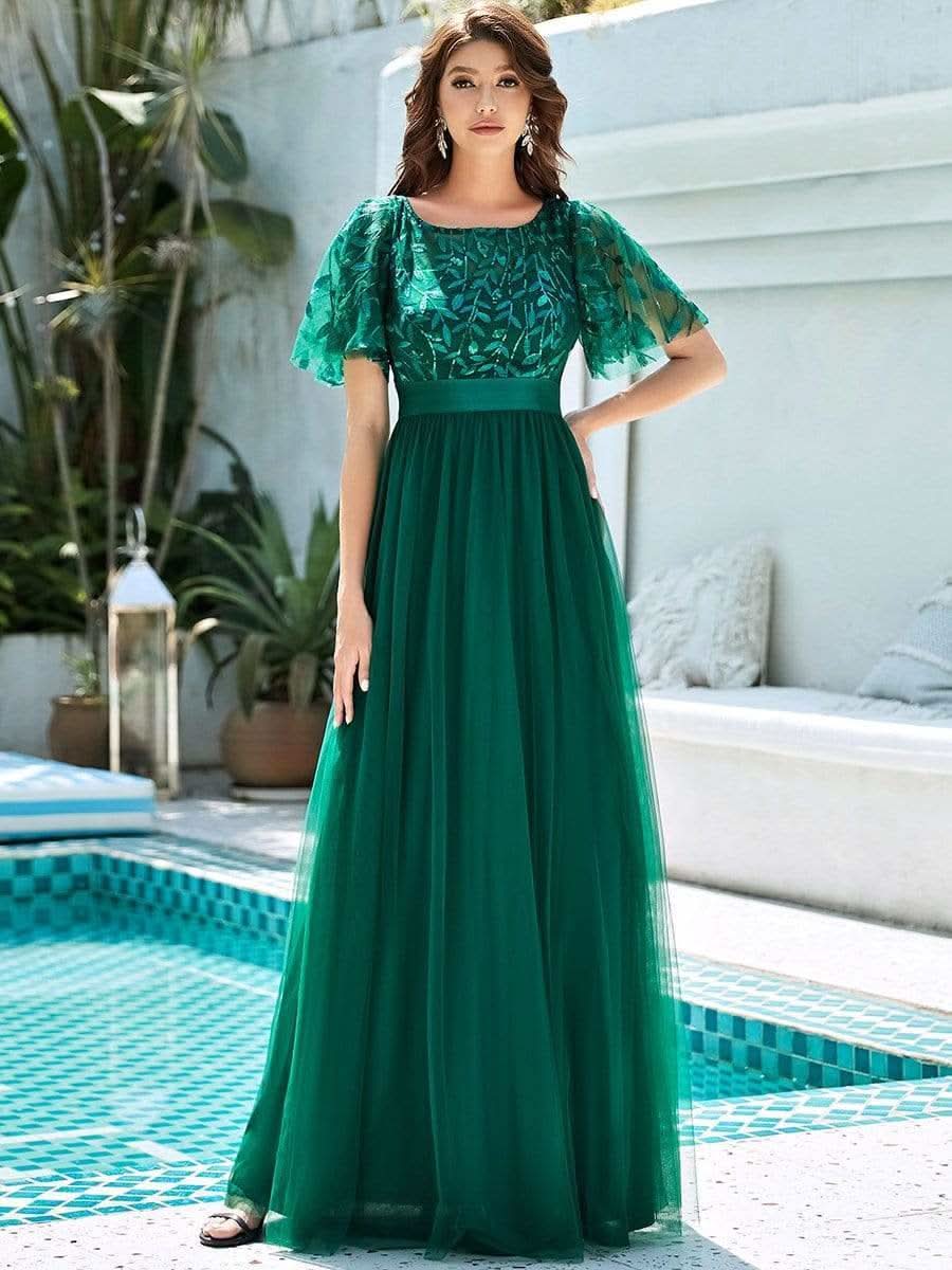 Damen A-Line Kurzarm Bodenlanges Abendkleid 00904 #farbe_Dunkel Gruen