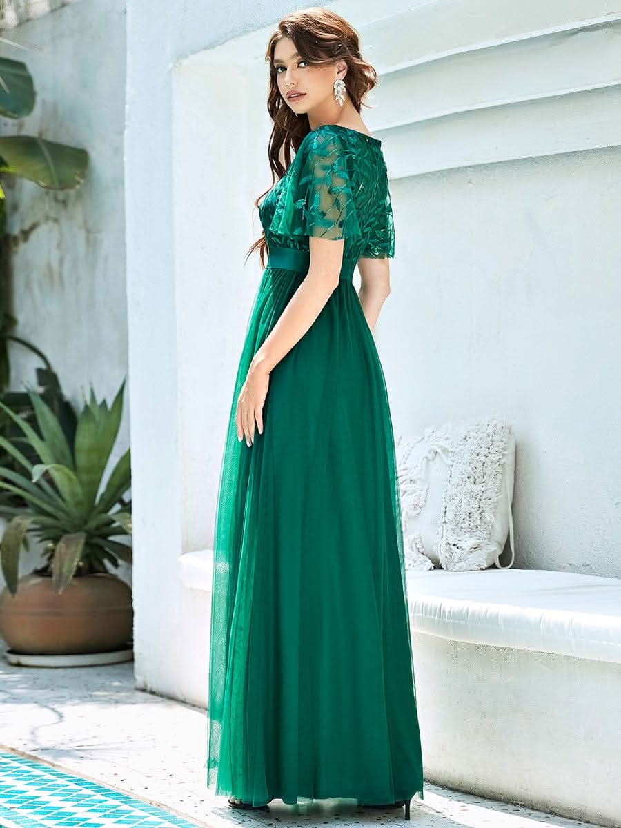 Größe Nach Maß Damen A-Line Kurzarm Stickerei Bodenlanges Abendkleid #Farbe_Dunkel Gruen