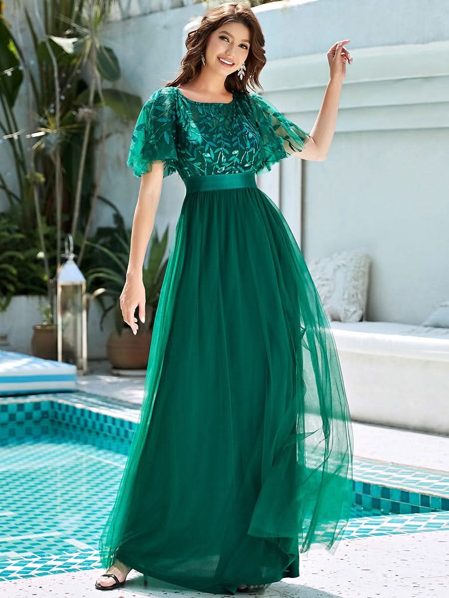 Größe Nach Maß Damen A-Line Kurzarm Stickerei Bodenlanges Abendkleid #Farbe_Dunkel Gruen