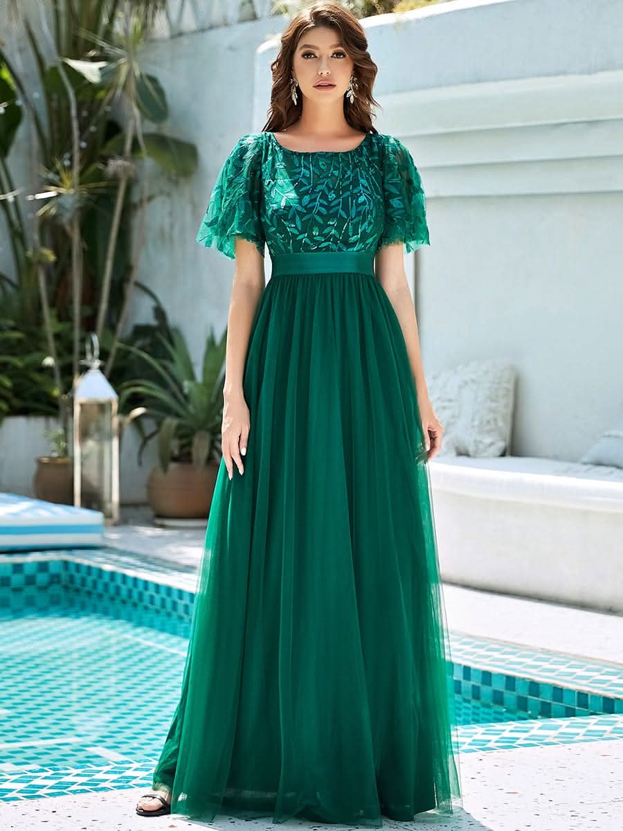 Größe Nach Maß Damen A-Line Kurzarm Stickerei Bodenlanges Abendkleid #Farbe_Dunkel Gruen