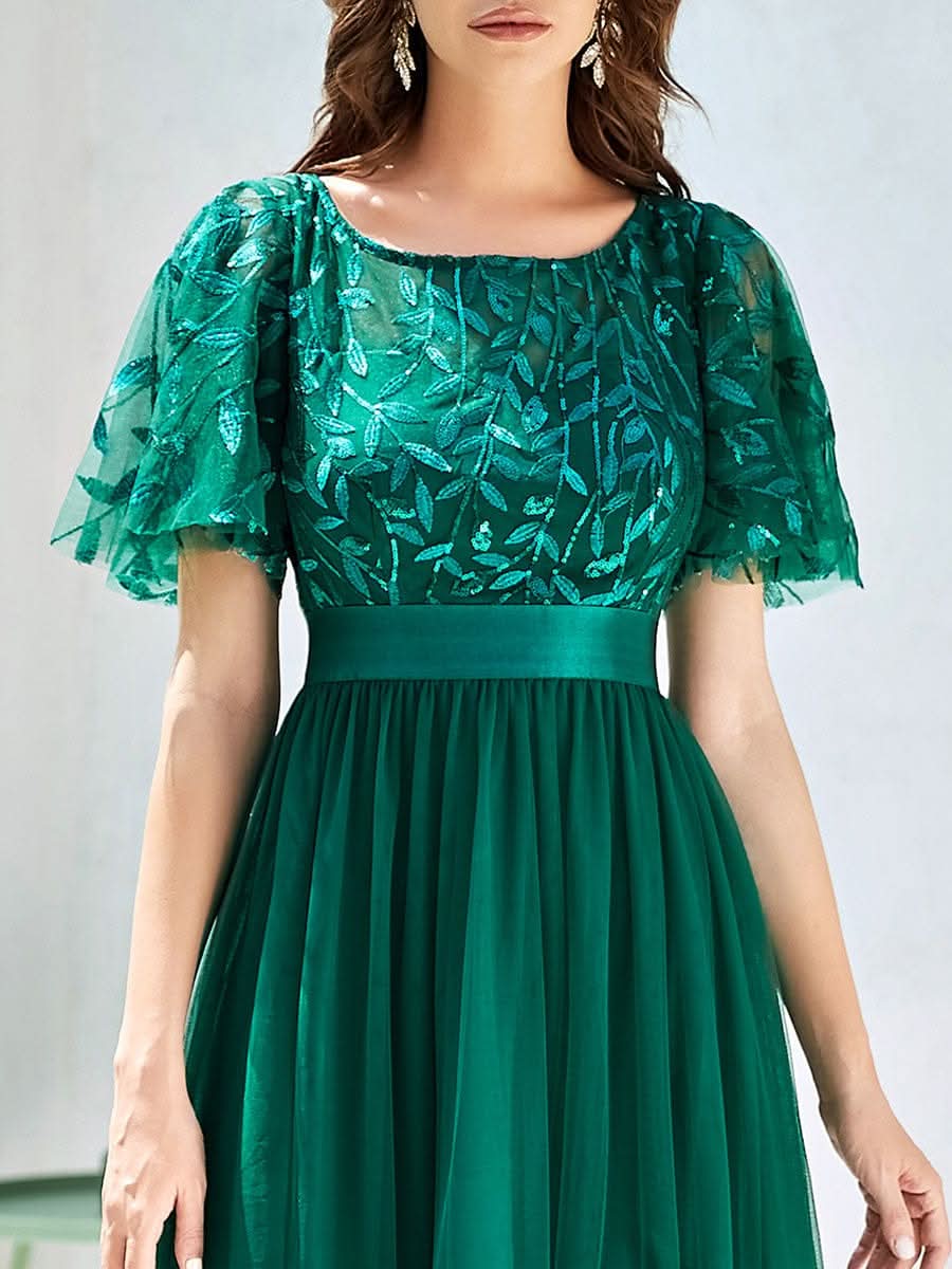 Größe Nach Maß Damen A-Line Kurzarm Stickerei Bodenlanges Abendkleid #Farbe_Dunkel Gruen