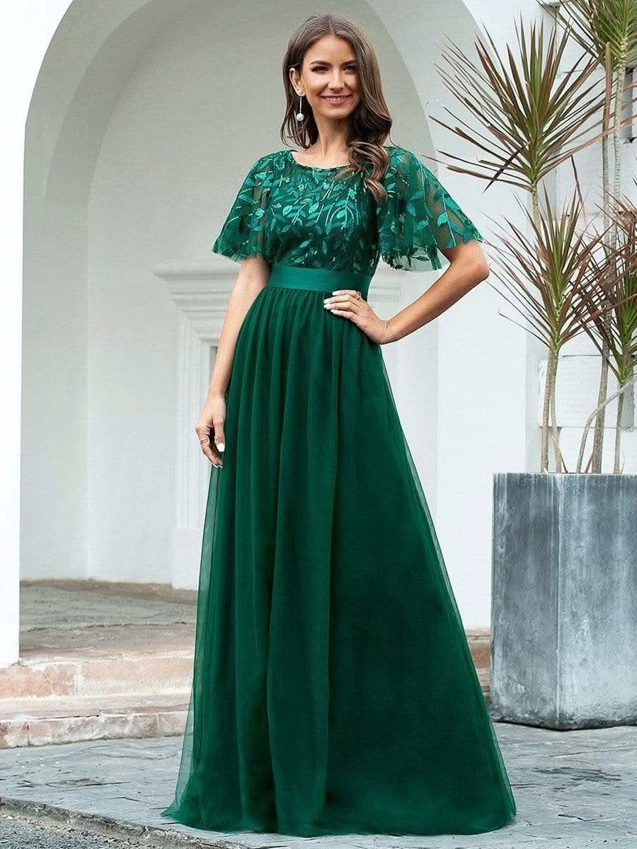 Damen A-Line Kurzarm Bodenlanges Abendkleid 00904 #farbe_Dunkel Gruen