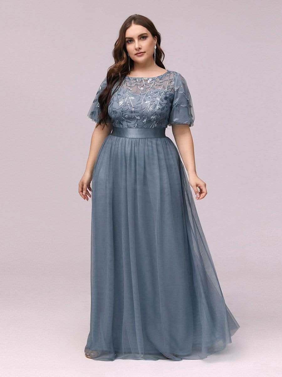 Plus Size Damen A-Line Stickerei Kurzarm Bodenlanges Brautjungfernkleid #Farbe_Dusty Navy