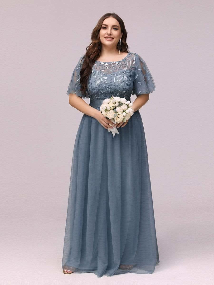 Plus Size Damen A-Line Stickerei Kurzarm Bodenlanges Brautjungfernkleid #Farbe_Dusty Navy