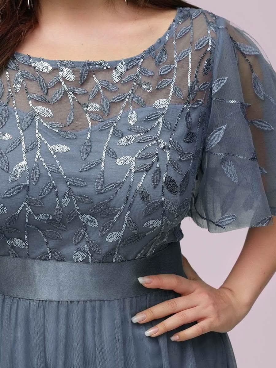 Größe Nach Maß Damen A-Line Kurzarm Stickerei Bodenlanges Abendkleid #Farbe_Dusty Navy