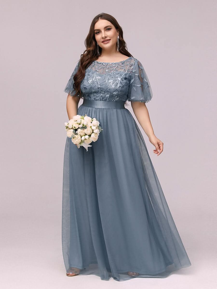 Damen A-Line Kurzarm Stickerei Bodenlanges Abendkleid #Farbe_Dusty Navy