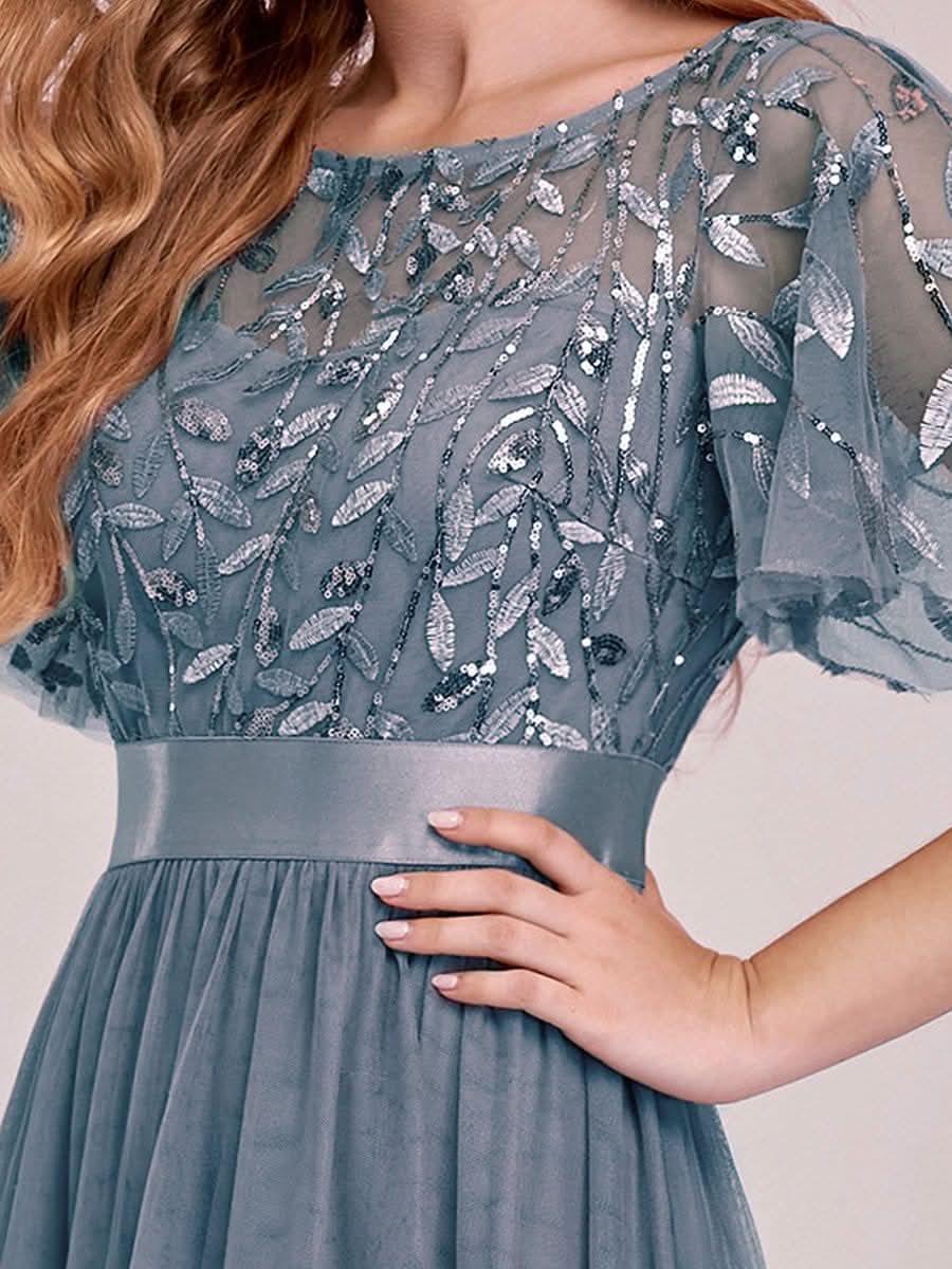 Größe Nach Maß Damen A-Line Kurzarm Stickerei Bodenlanges Abendkleid #Farbe_Dusty Navy