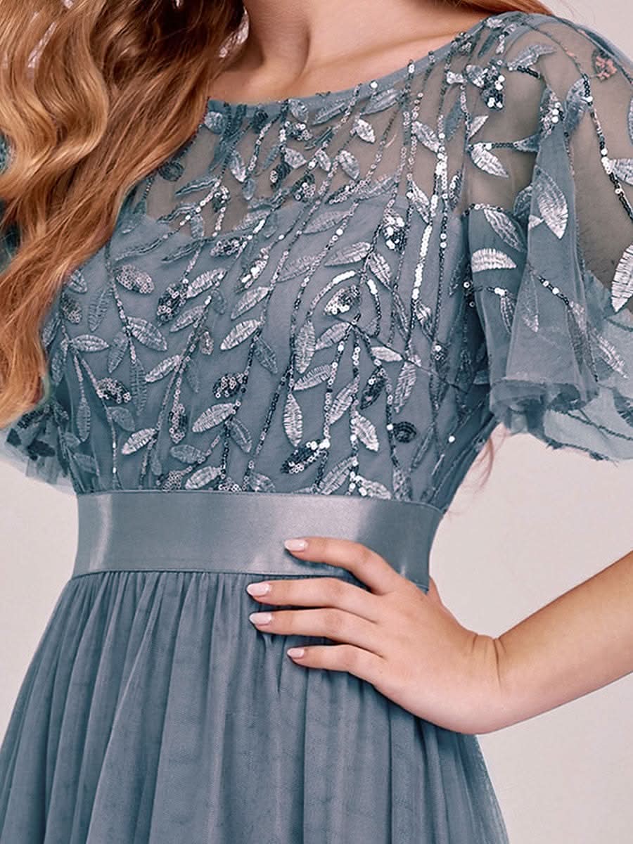 Damen A-Line Kurzarm Stickerei Bodenlanges Abendkleid #Farbe_Dusty Navy