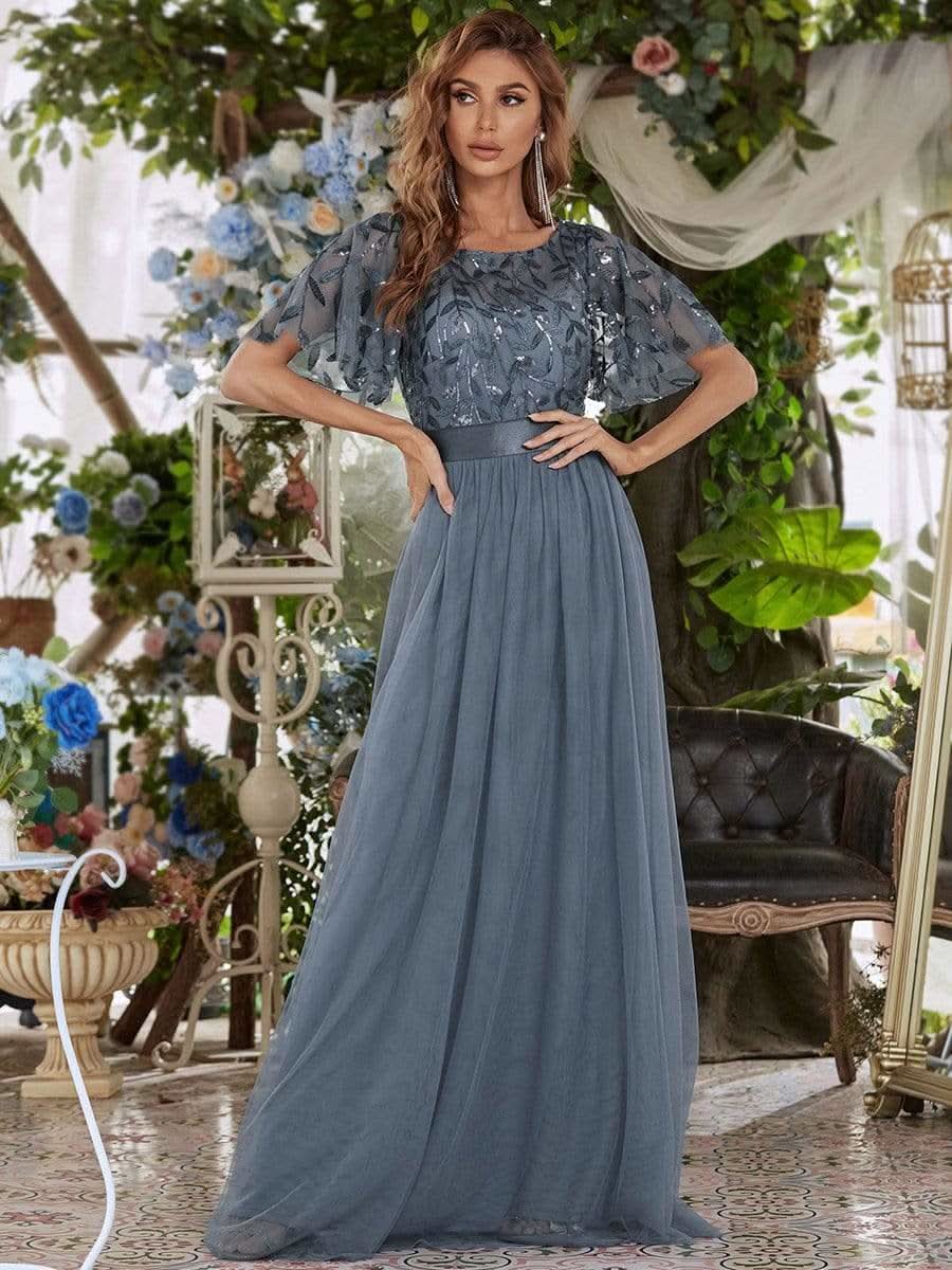 Damen A-Line Kurzarm Bodenlanges Abendkleid 00904 #farbe_Dusty Navy