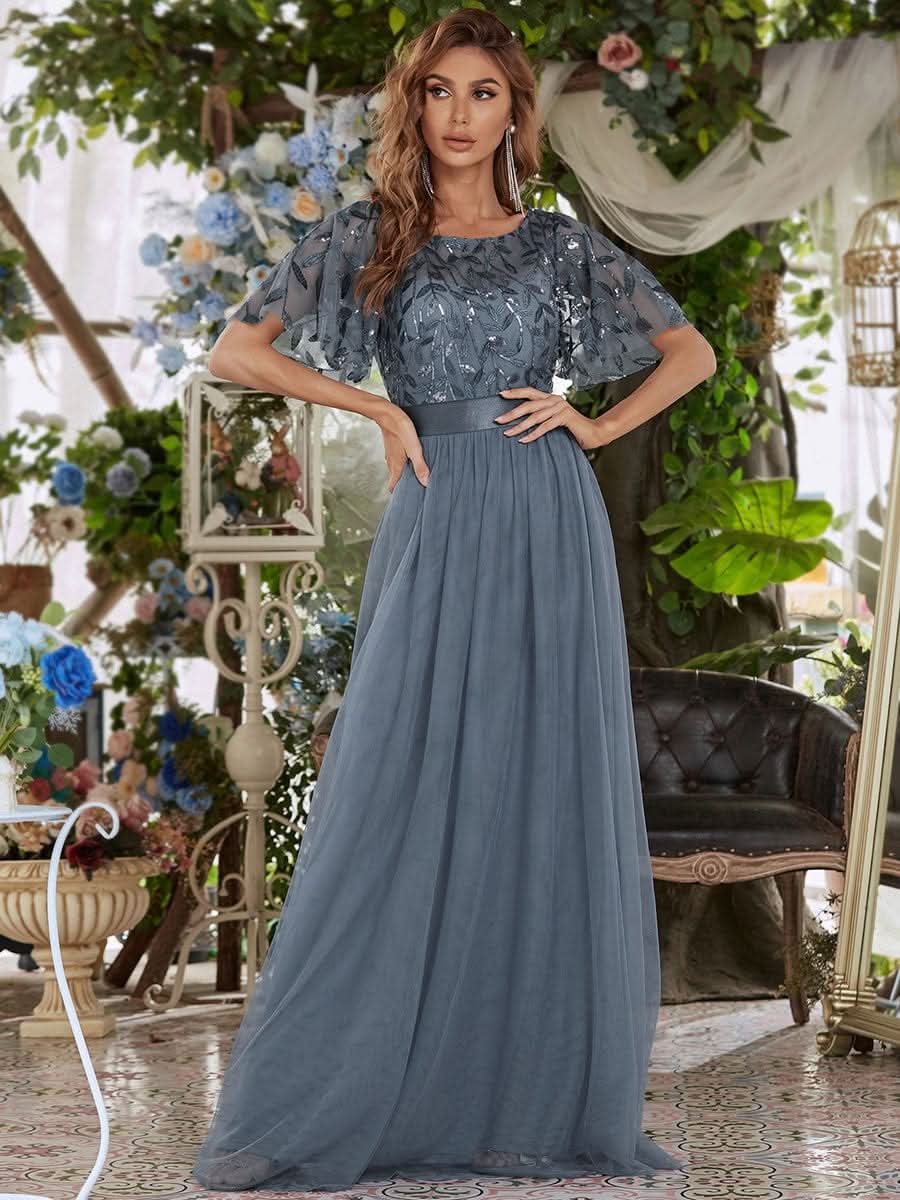 Damen A-Line Kurzarm Stickerei Bodenlanges Abendkleid #Farbe_Dusty Navy