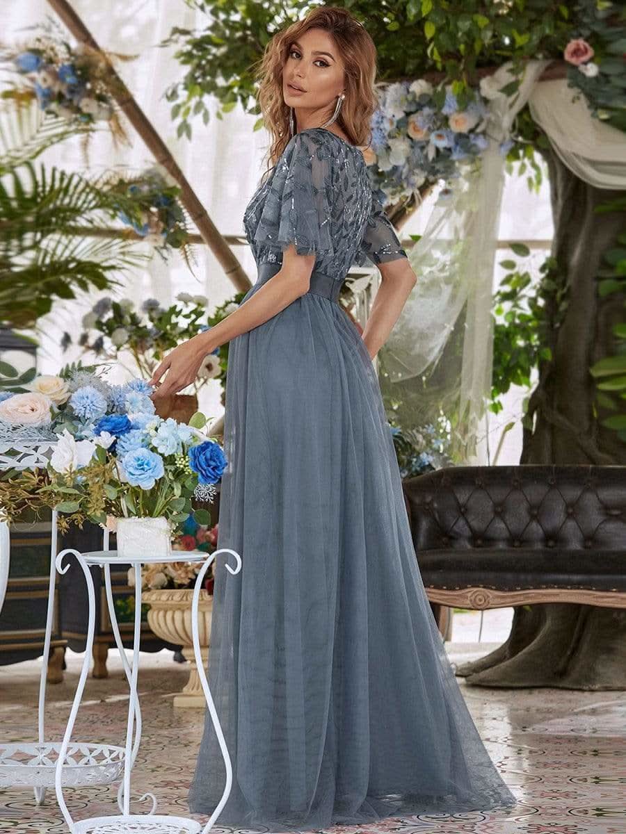 Größe Nach Maß Damen A-Line Kurzarm Stickerei Bodenlanges Abendkleid #Farbe_Dusty Navy