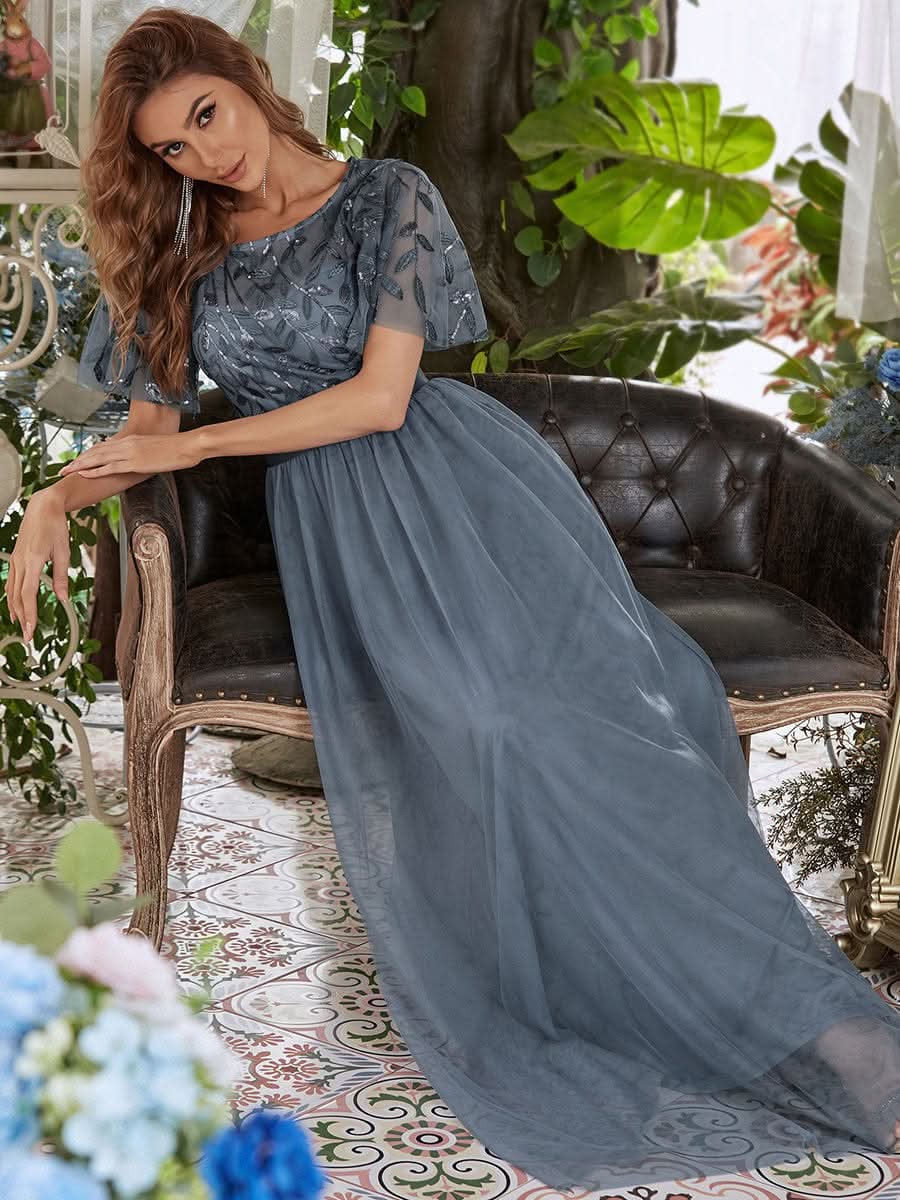Damen A-Line Kurzarm Stickerei Bodenlanges Abendkleid #Farbe_Dusty Navy