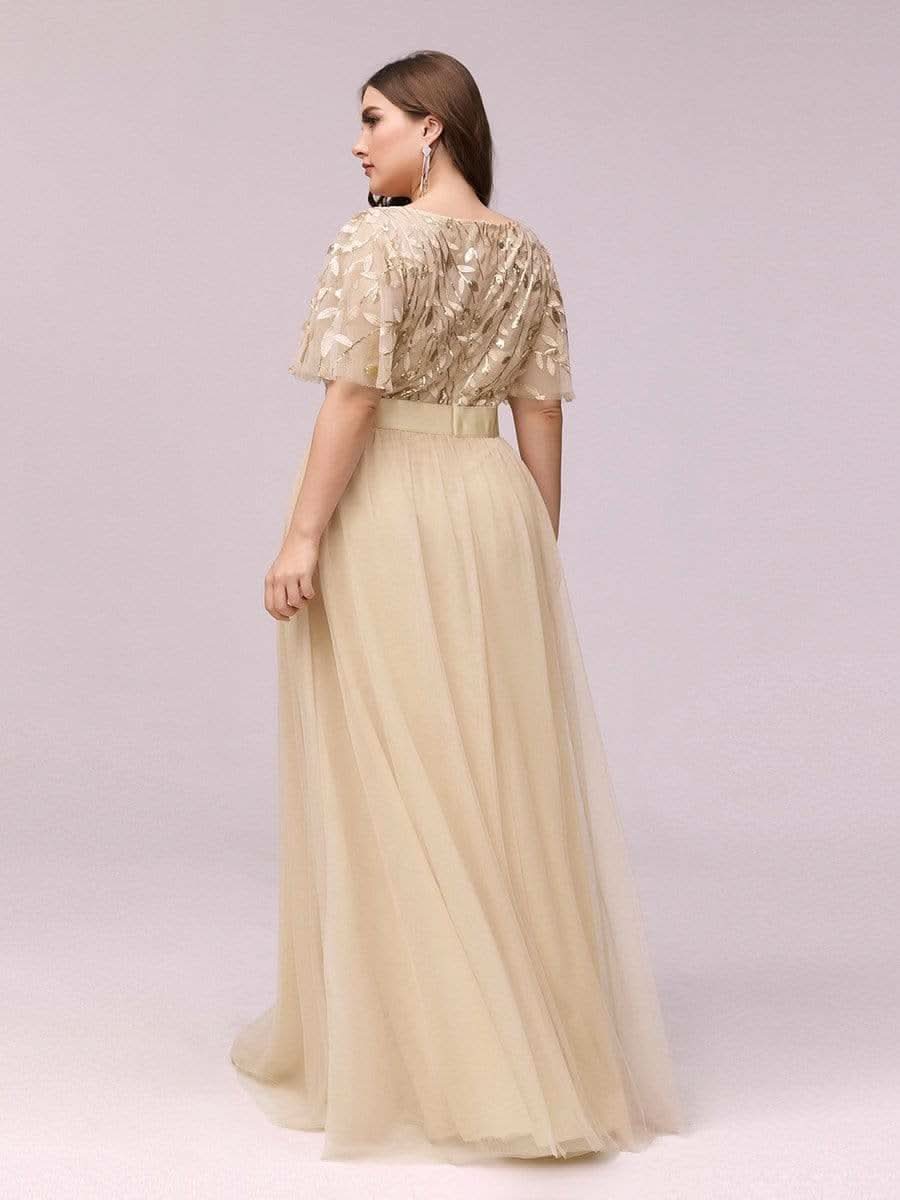 Damen A-Line Kurzarm Bodenlanges Abendkleid 00904 #farbe_Gold