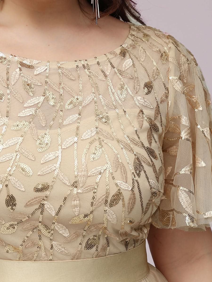 Plus Size Damen A-Line Stickerei Kurzarm Bodenlanges Brautjungfernkleid #Farbe_Gold