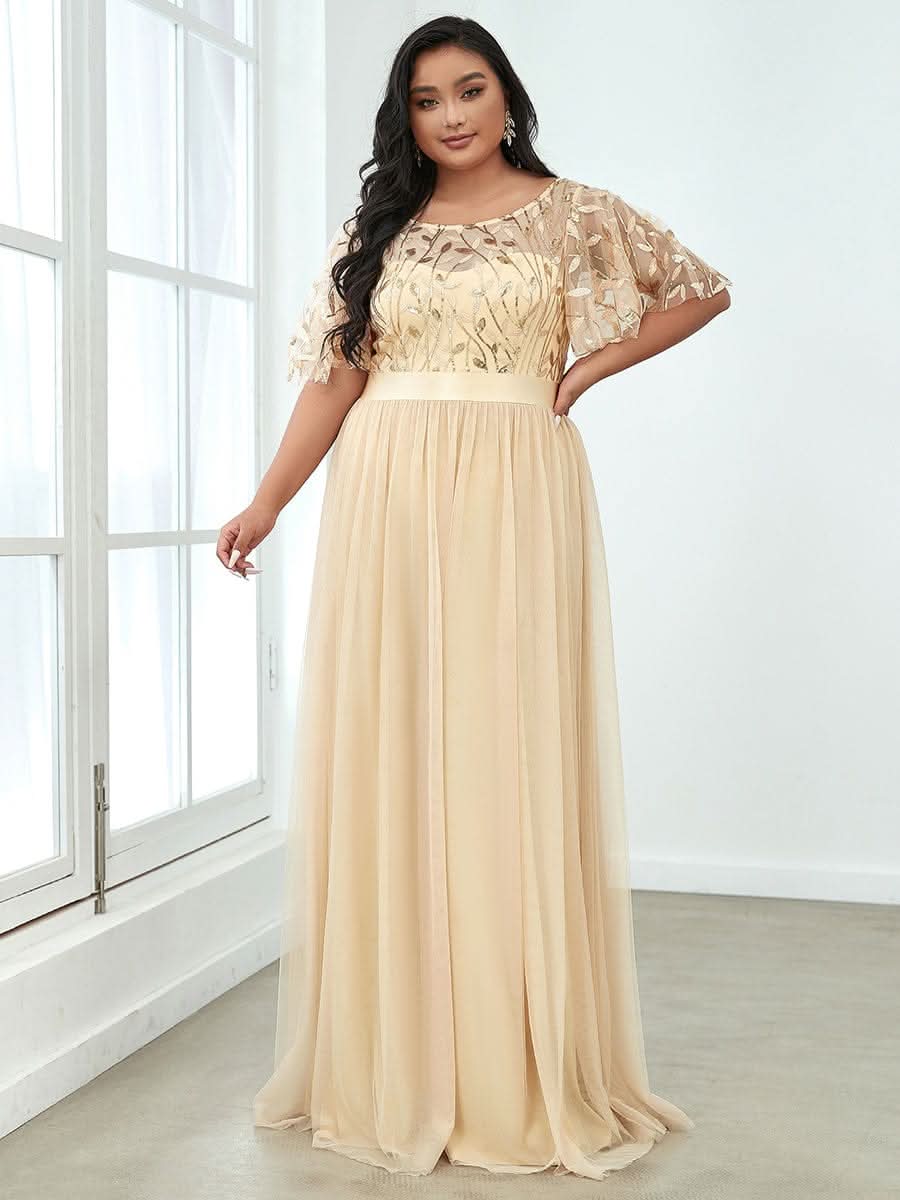 Plus Size Damen A-Line Stickerei Kurzarm Bodenlanges Brautjungfernkleid #Farbe_Gold