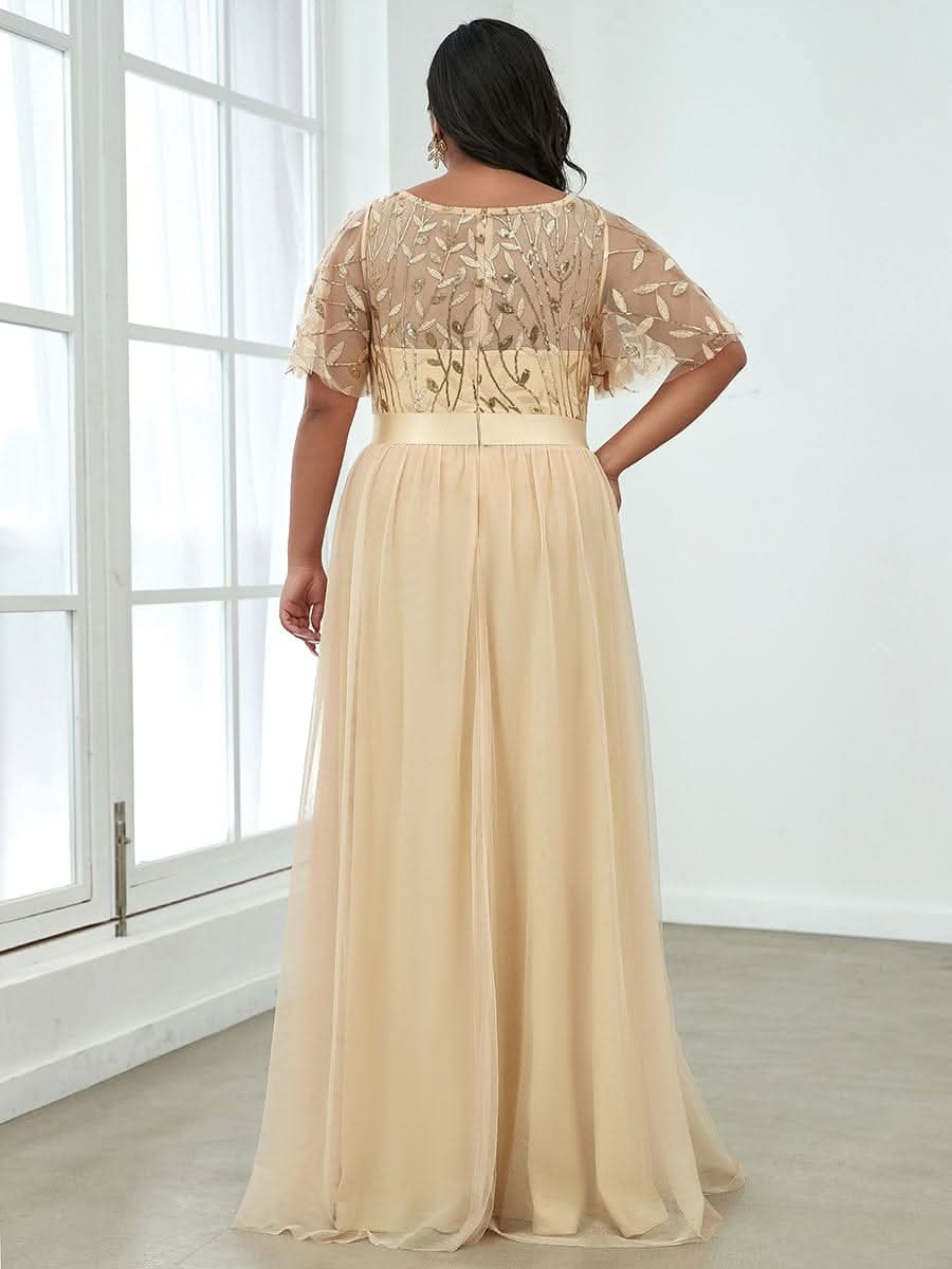 Plus Size Damen A-Line Stickerei Kurzarm Bodenlanges Brautjungfernkleid #Farbe_Gold