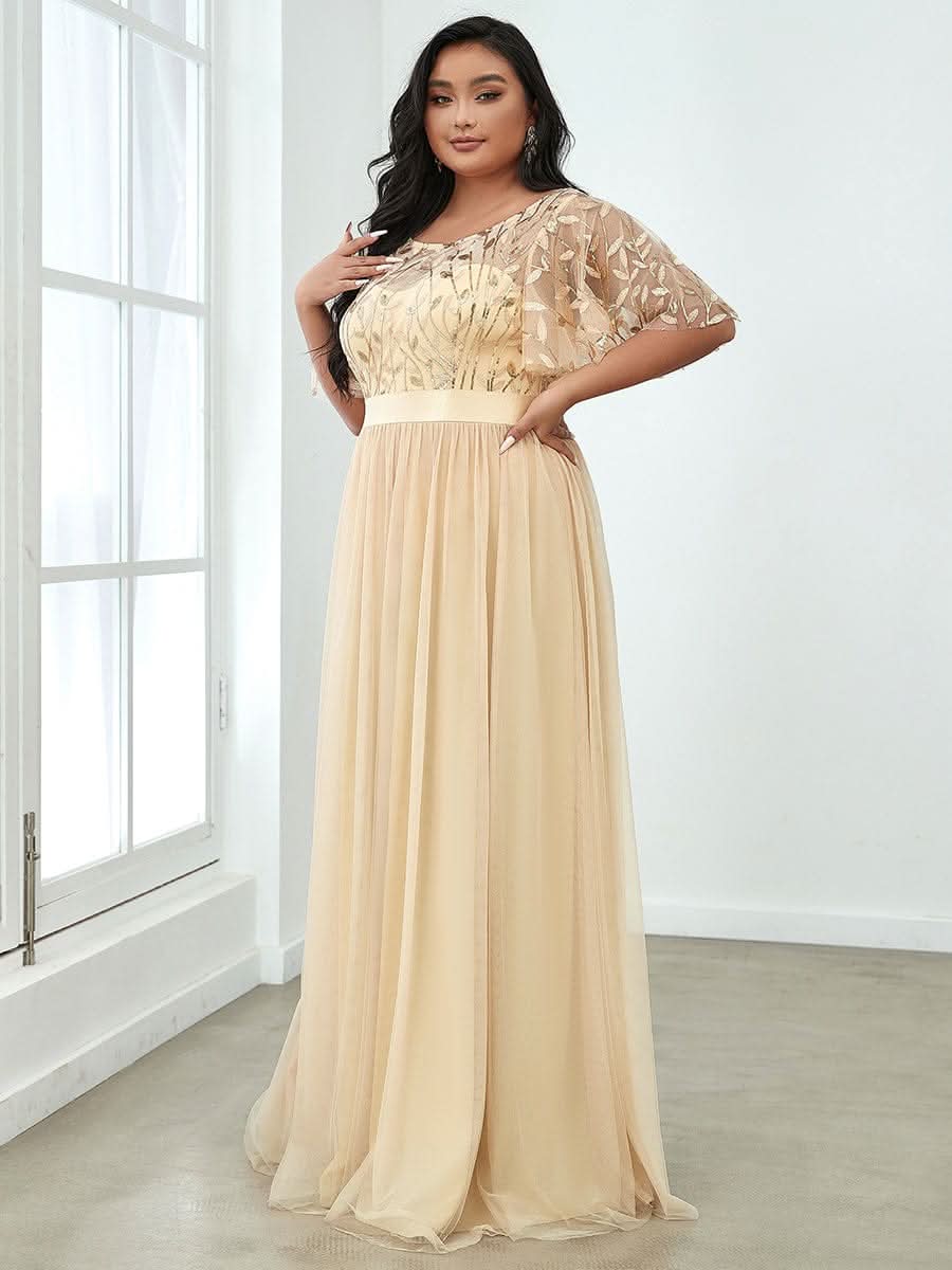 Plus Size Damen A-Line Stickerei Kurzarm Bodenlanges Brautjungfernkleid #Farbe_Gold
