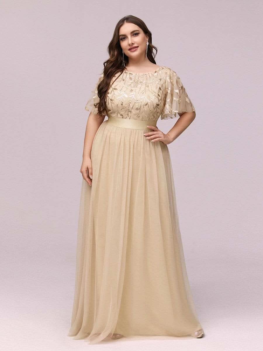 Plus Size Damen A-Line Stickerei Kurzarm Bodenlanges Brautjungfernkleid #Farbe_Gold