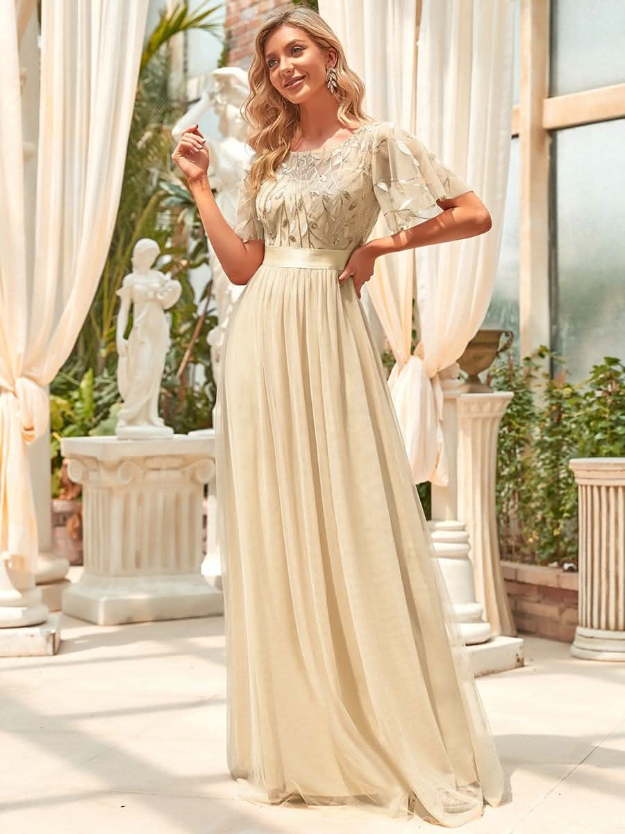 Größe Nach Maß Damen A-Line Kurzarm Stickerei Bodenlanges Abendkleid #Farbe_Gold