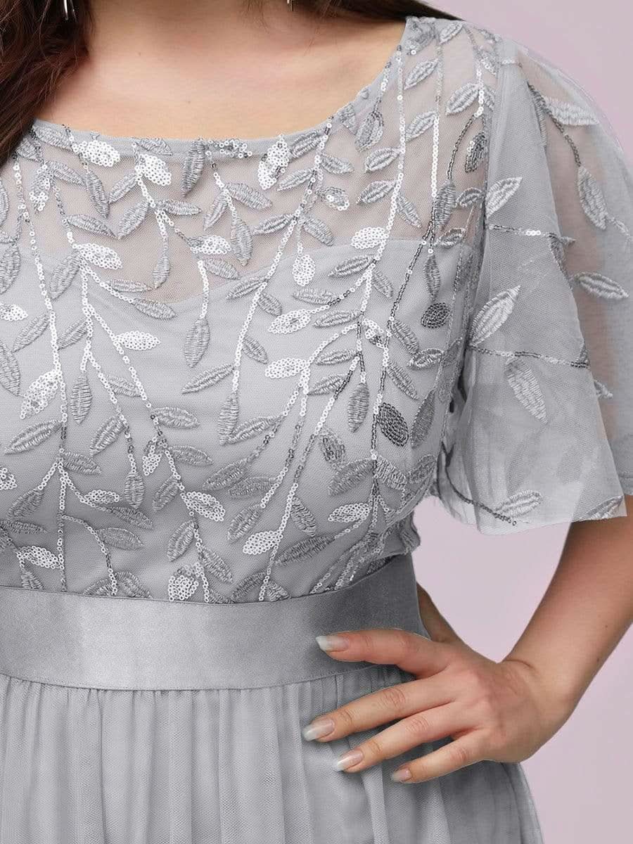 Plus Size Damen A-Line Stickerei Kurzarm Bodenlanges Brautjungfernkleid #Farbe_Grau