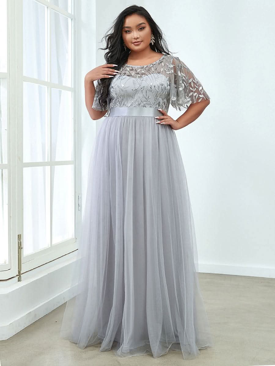 Plus Size Damen A-Line Stickerei Kurzarm Bodenlanges Brautjungfernkleid #Farbe_Grau