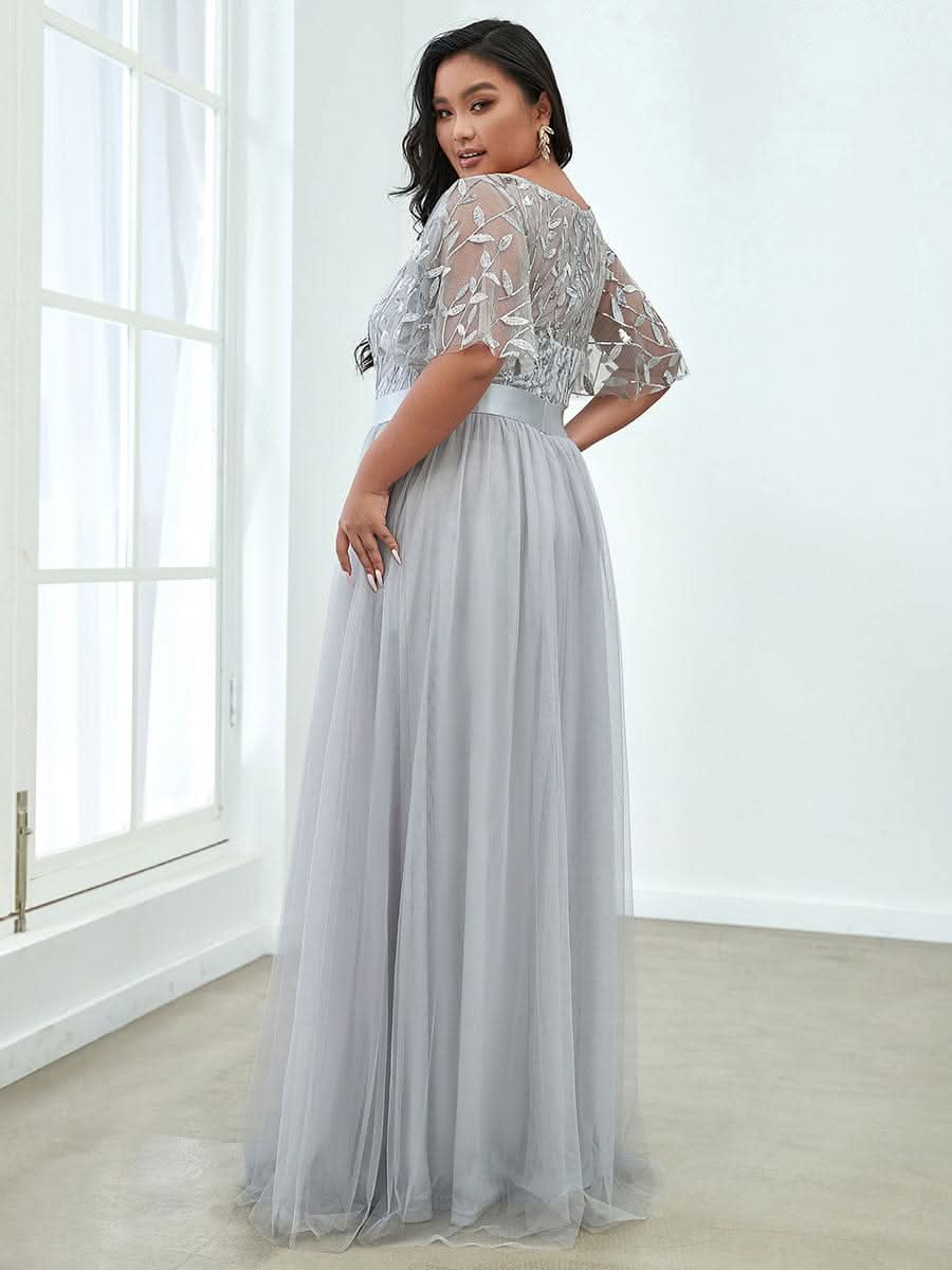 Plus Size Damen A-Line Stickerei Kurzarm Bodenlanges Brautjungfernkleid #Farbe_Grau