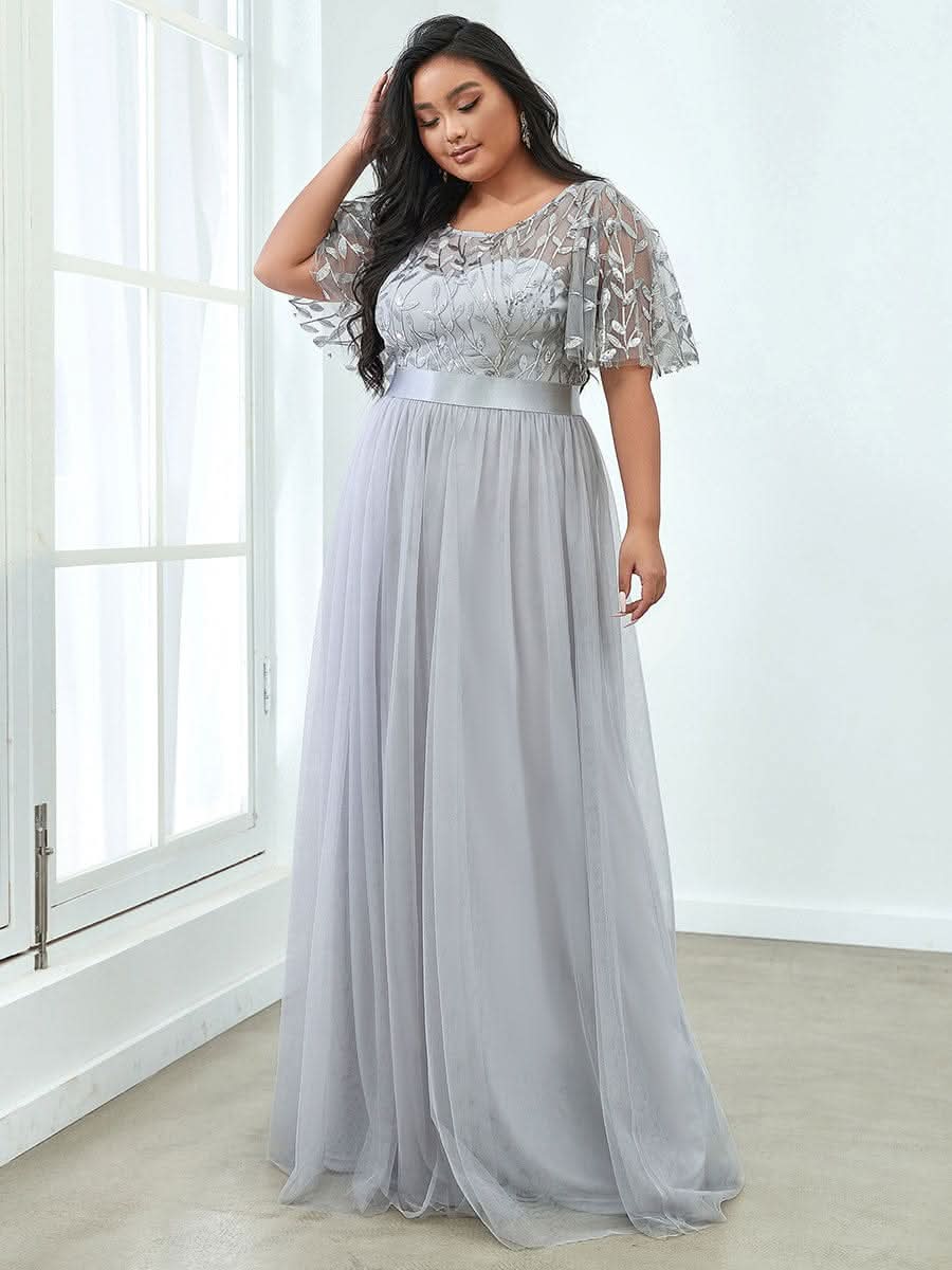 Plus Size Damen A-Line Stickerei Kurzarm Bodenlanges Brautjungfernkleid #Farbe_Grau