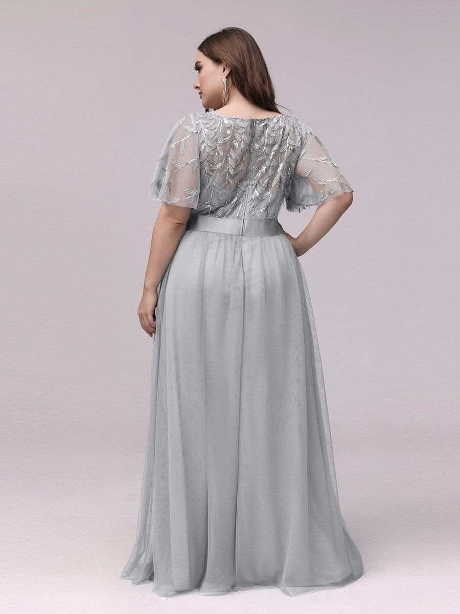 Größe Nach Maß Damen A-Line Kurzarm Stickerei Bodenlanges Abendkleid #Farbe_Grau