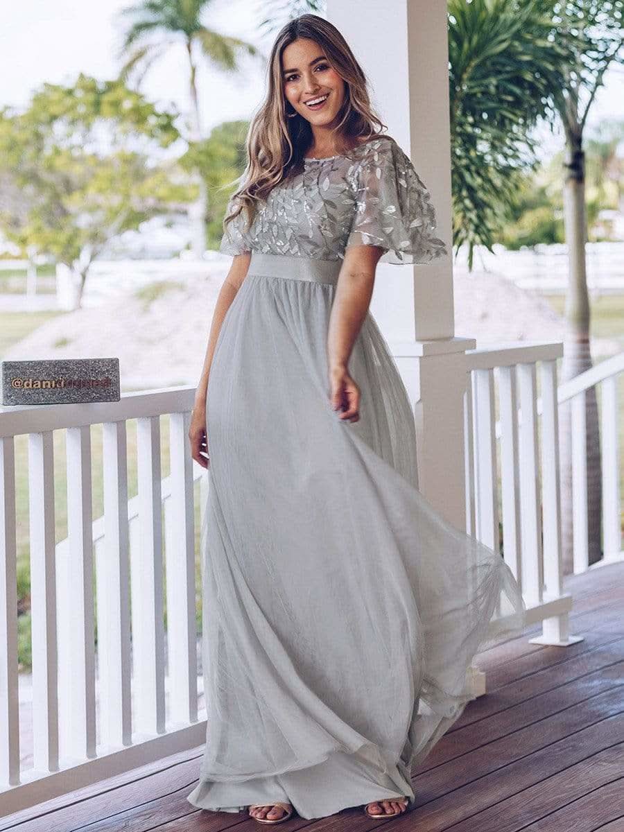 Damen A-Line Kurzarm Bodenlanges Abendkleid 00904 #farbe_Grau