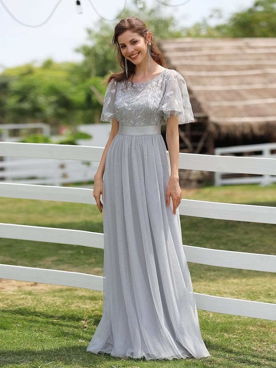 Größe Nach Maß Damen A-Line Kurzarm Stickerei Bodenlanges Abendkleid #Farbe_Grau