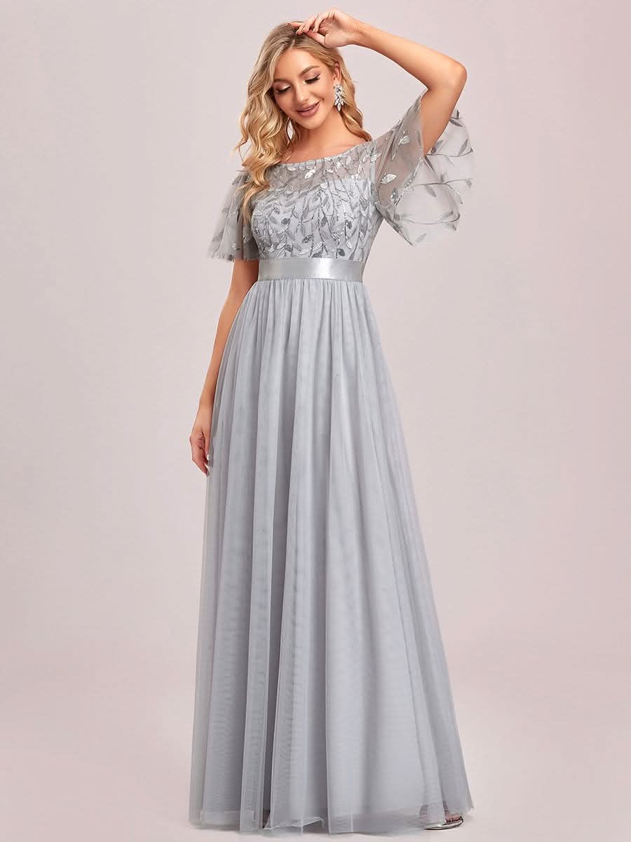 Größe Nach Maß Damen A-Line Kurzarm Stickerei Bodenlanges Abendkleid #Farbe_Grau