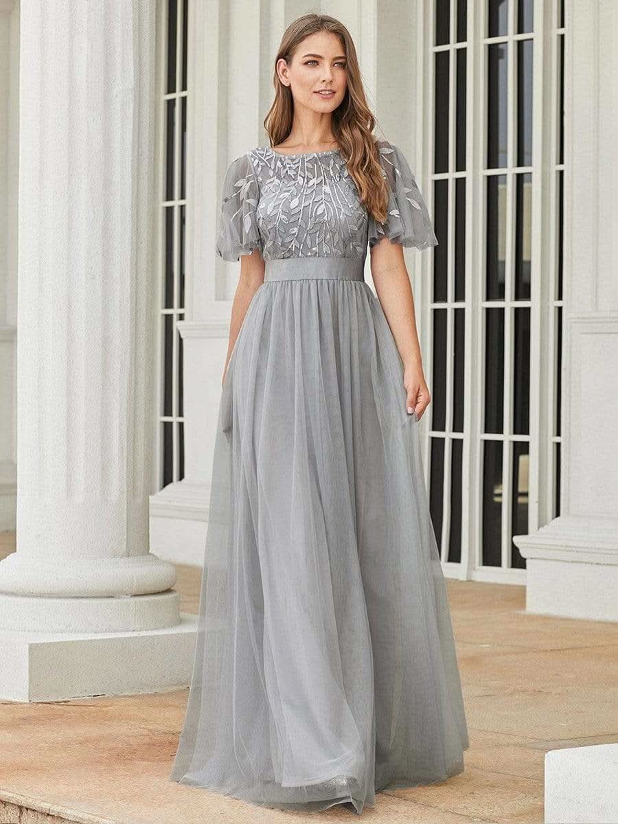Größe Nach Maß Damen A-Line Kurzarm Stickerei Bodenlanges Abendkleid #Farbe_Grau